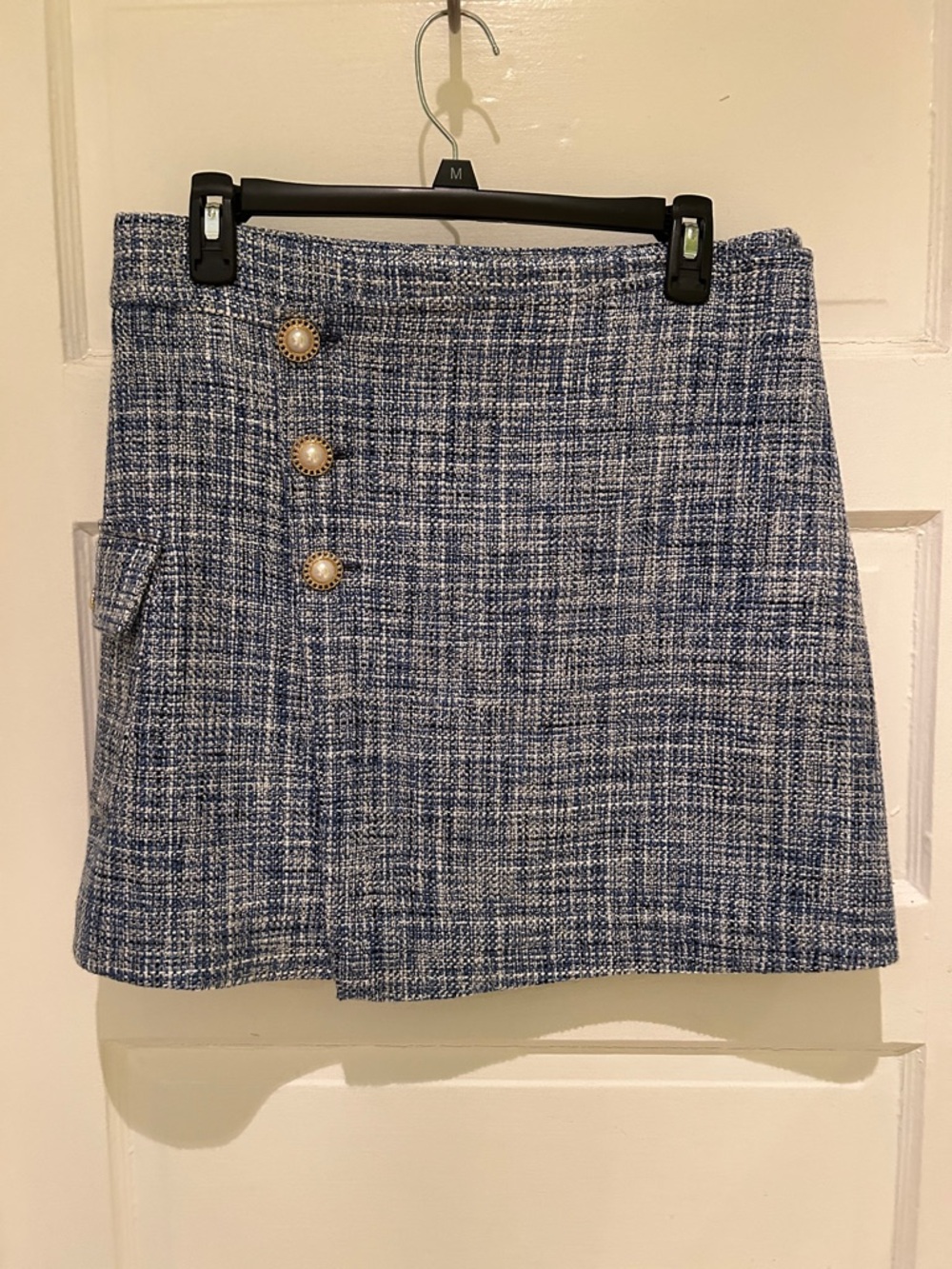 Maeve Blue Tweed Mini Skirt with Pearl Buttons
